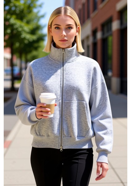 Kadın Dik Yaka Düşük Kol Fermuarlı Geniş Kalıp Sweatshirt Fonksiyonel Dayanıklı Kaliteli Şık fiyatları
