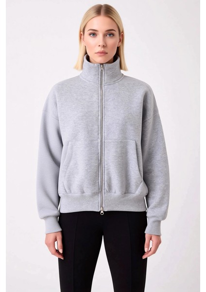 Kadın Dik Yaka Düşük Kol Fermuarlı Geniş Kalıp Sweatshirt Fonksiyonel Dayanıklı Kaliteli Şık modelleri