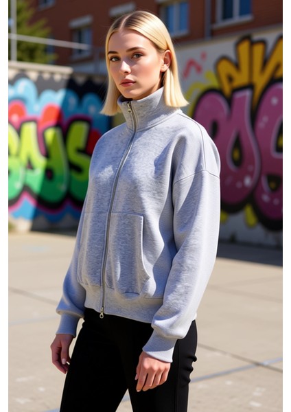 Kadın Dik Yaka Düşük Kol Fermuarlı Geniş Kalıp Sweatshirt Fonksiyonel Dayanıklı Kaliteli Şık indirimleri