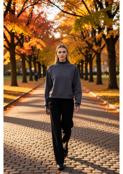 Kadın Dik Yaka Reglan Kol Oversize Kalın Içi Polarlı Örme Sweatshirt Fonksiyonel Dayanıklı