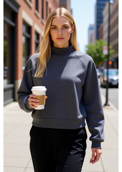 Kadın Dik Yaka Reglan Kol Oversize Kalın Içi Polarlı Örme Sweatshirt Fonksiyonel Dayanıklı fiyatları