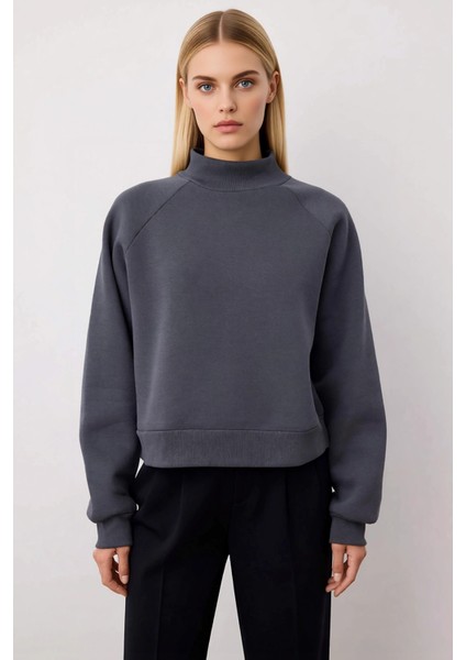 Kadın Dik Yaka Reglan Kol Oversize Kalın Içi Polarlı Örme Sweatshirt Fonksiyonel Dayanıklı modelleri