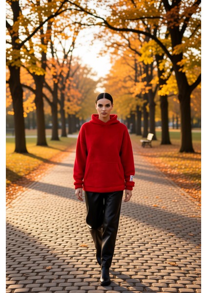 Kadın Kapüşonlu Düşük Kol Peluş Örme Sweatshirt Fonksiyonel Dayanıklı Kaliteli Konforlu Şık