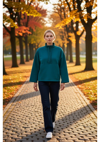 Kadın Dik Yaka Fermuarlı Düşük Kol %100 Pamuk Sweatshirt Fonksiyonel Dayanıklı Kaliteli Şık