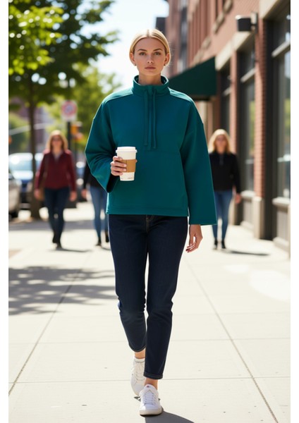 Kadın Dik Yaka Fermuarlı Düşük Kol %100 Pamuk Sweatshirt Fonksiyonel Dayanıklı Kaliteli Şık fiyatları