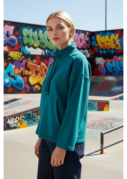 Kadın Dik Yaka Fermuarlı Düşük Kol %100 Pamuk Sweatshirt Fonksiyonel Dayanıklı Kaliteli Şık indirimleri