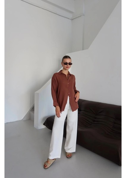 Tek Cepli Müslin Gömlek Kahve modelleri