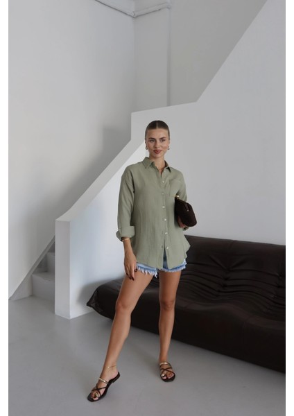 Tek Cepli Müslin Gömlek Haki indirimleri