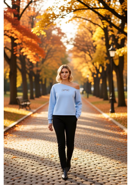 Kadın Kayık Yaka Düşük Kol Oversize Nakışlı Sweatshirt Fonksiyonel Dayanıklı Kaliteli Spor