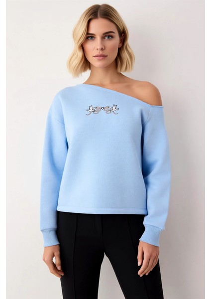 Kadın Kayık Yaka Düşük Kol Oversize Nakışlı Sweatshirt Fonksiyonel Dayanıklı Kaliteli Spor modelleri