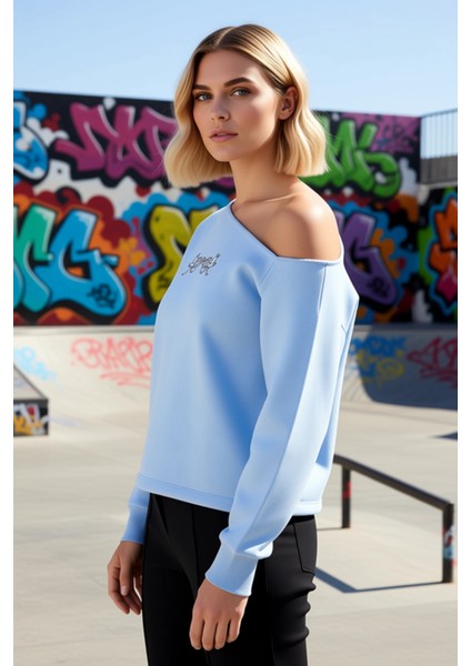 Kadın Kayık Yaka Düşük Kol Oversize Nakışlı Sweatshirt Fonksiyonel Dayanıklı Kaliteli Spor indirimleri