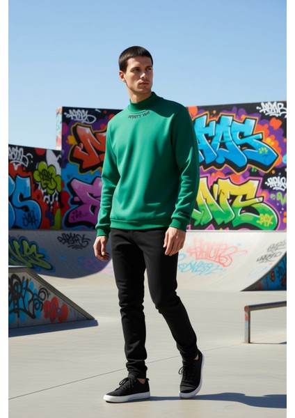 Erkek Balıkçı Yaka Standart Kol Regular Kalıp Nakışlı Sweatshirt Fonksiyonel Dayanıklı Şık indirimleri