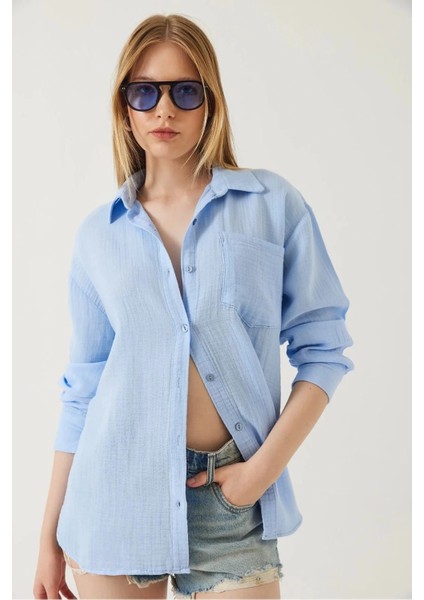 Tek Cepli Müslin Gömlek Mavi