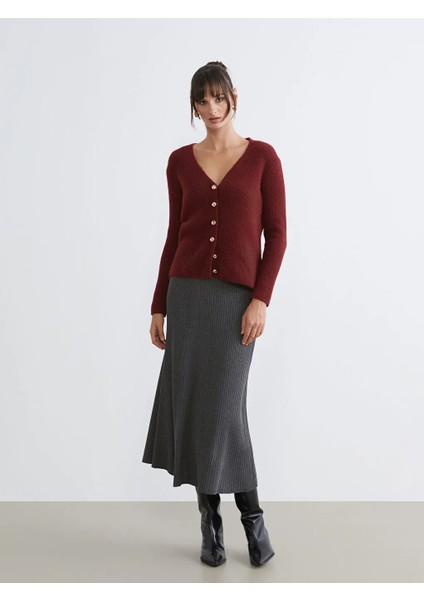 Soulife Gri Beli Lastikli Kloş Triko Etek