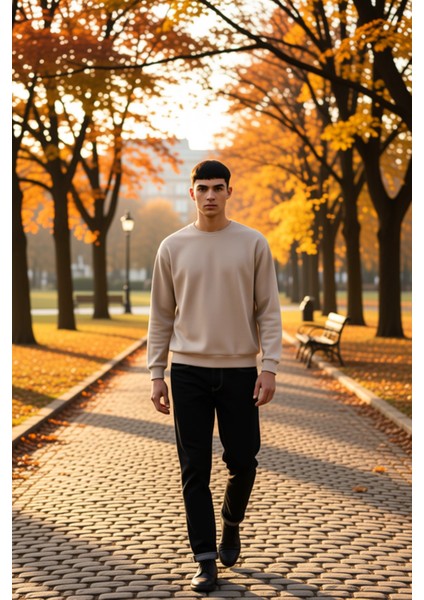 Erkek Bisiklet Yaka Standart Kol Oversize Waffle Dokuma Sweatshirt Fonksiyonel Dayanıklı Şık