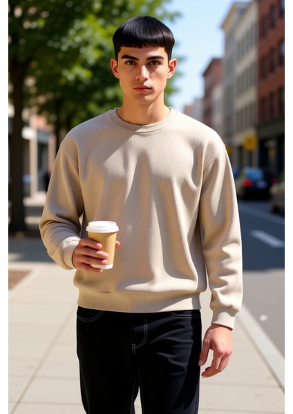 Erkek Bisiklet Yaka Standart Kol Oversize Waffle Dokuma Sweatshirt Fonksiyonel Dayanıklı Şık fiyatları