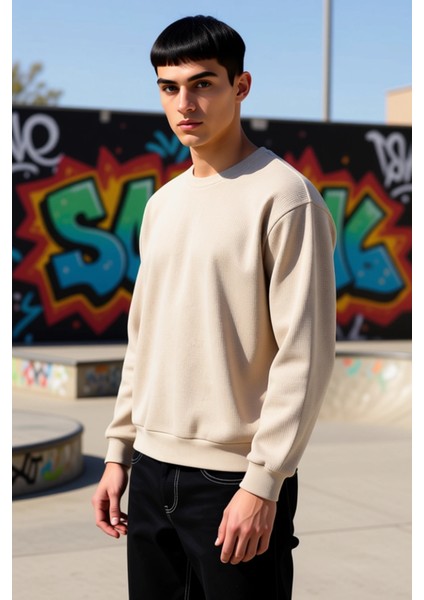 Erkek Bisiklet Yaka Standart Kol Oversize Waffle Dokuma Sweatshirt Fonksiyonel Dayanıklı Şık fırsatları