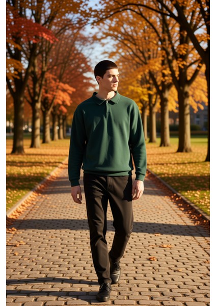 Erkek Polo Yaka Standart Kol Oversize Kalın Çıtçıtlı Sweatshirt Fonksiyonel Dayanıklı Spor