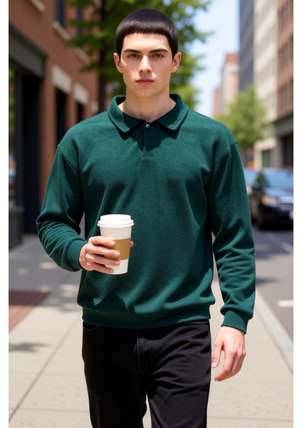 Erkek Polo Yaka Standart Kol Oversize Kalın Çıtçıtlı Sweatshirt Fonksiyonel Dayanıklı Spor fiyatları