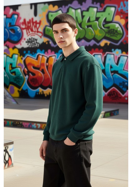 Erkek Polo Yaka Standart Kol Oversize Kalın Çıtçıtlı Sweatshirt Fonksiyonel Dayanıklı Spor indirimleri