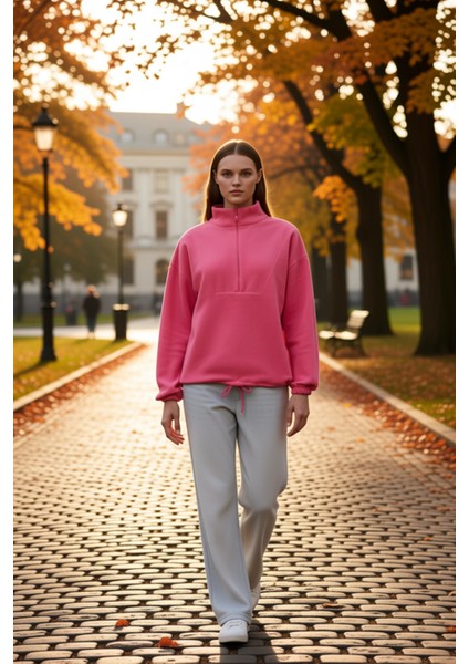 Kadın Dik Yaka Fermuarlı Polar Regular Kalıp Sweatshirt Fonksiyonel Dayanıklı Kaliteli Şık