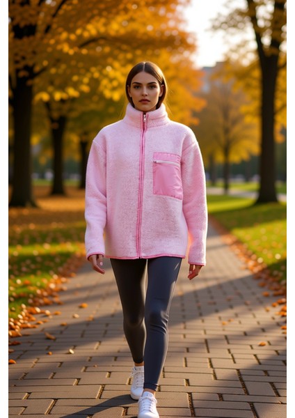 Kadın Dik Yaka Düşük Kol Tam Fermuarlı Peluş Sweatshirt Fonksiyonel Dayanıklı Kaliteli Şık