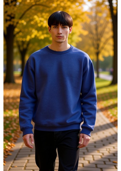 Erkek Bisiklet Yaka Düşük Kol Oversize Kalın Nakışlı Sweatshirt Fonksiyonel Dayanıklı Spor