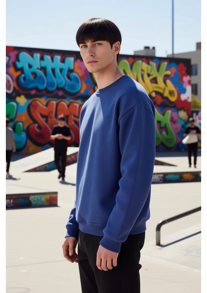 Erkek Bisiklet Yaka Düşük Kol Oversize Kalın Nakışlı Sweatshirt Fonksiyonel Dayanıklı Spor indirimleri