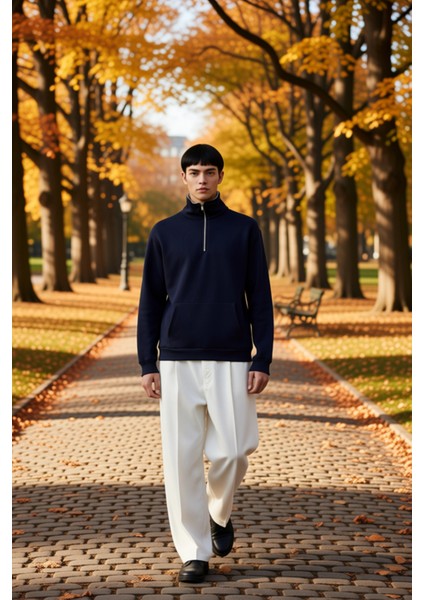 Erkek Fermuarlı Dik Yaka Düşük Kol Nakışlı Sweatshirt Fonksiyonel Dayanıklı Kaliteli Rahat