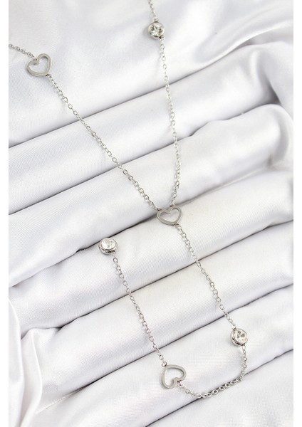 316L Çelik Zirkon Taşlı Kalp Figürlü Y Model Gümüş Renk Kadın Kolye - Lisinya