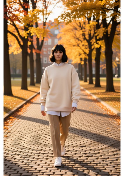 Kadın Bisiklet Yaka Düşük Kol Oversize Kalın Örme Sweatshirt Fonksiyonel Dayanıklı Estetik