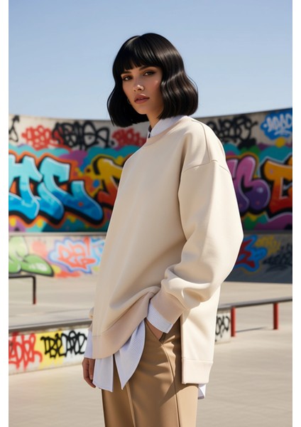 Kadın Bisiklet Yaka Düşük Kol Oversize Kalın Örme Sweatshirt Fonksiyonel Dayanıklı Estetik indirimleri