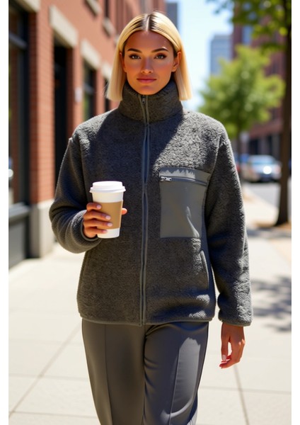 Kadın Dik Yaka Düşük Kol Tam Fermuarlı Peluş Sweatshirt Fonksiyonel Dayanıklı Kaliteli Şık fiyatları