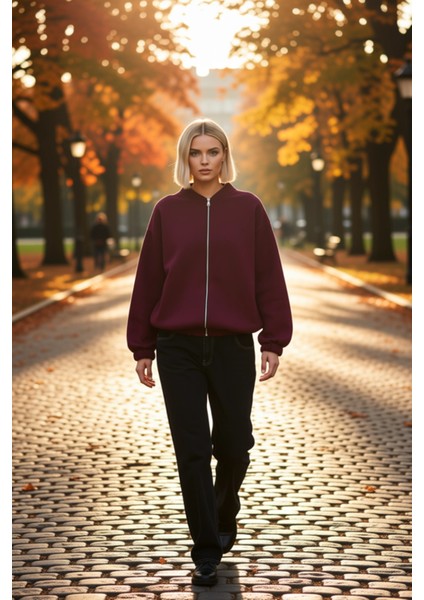 Kadın Bisiklet Yaka Düşük Kol Fermuarlı Oversize Kalın Örme Sweatshirt Fonksiyonel Estetik