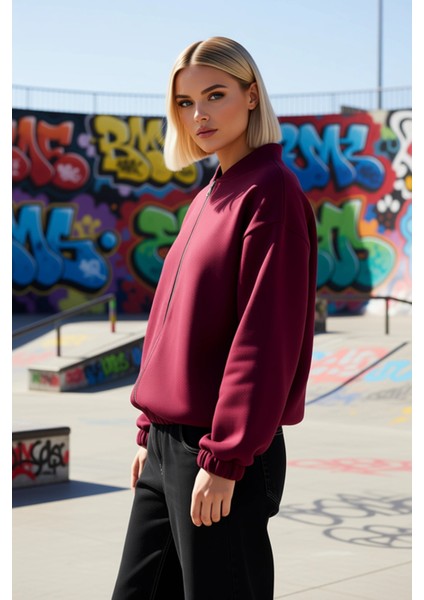 Kadın Bisiklet Yaka Düşük Kol Fermuarlı Oversize Kalın Örme Sweatshirt Fonksiyonel Estetik indirimleri