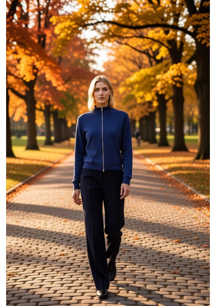 Kadın Dik Yaka Tam Fermuarlı Standart Kol Örme Sweatshirt Fonksiyonel Dayanıklı Kaliteli Şık