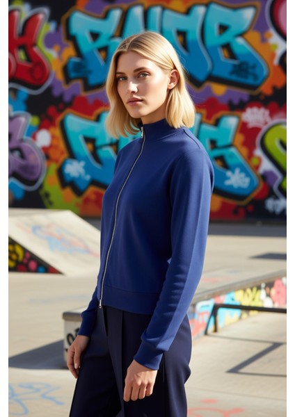Kadın Dik Yaka Tam Fermuarlı Standart Kol Örme Sweatshirt Fonksiyonel Dayanıklı Kaliteli Şık indirimleri