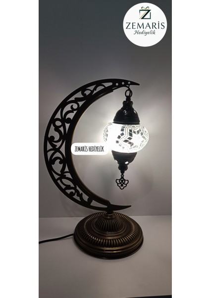 El Yapımı Otantik Mozaik Hilal Masa Lambası Abajur