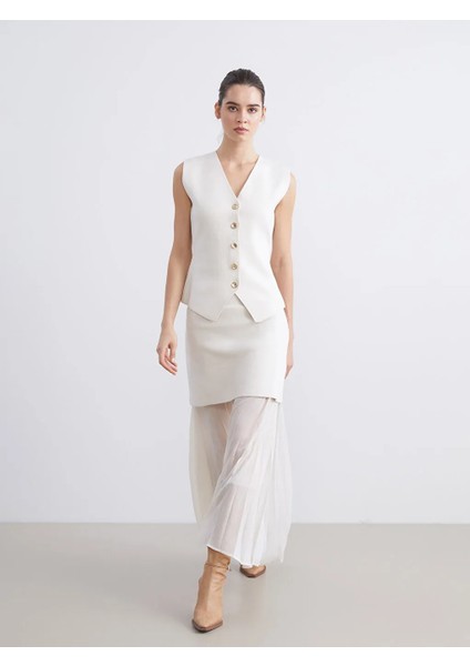 Lcw Vision Ekru Beli Lastikli Pileli Triko Etek