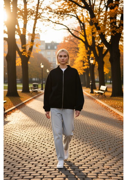 Kadın Bisiklet Yaka Düşük Kol Fermuarlı Oversize Kalın Örme Sweatshirt Fonksiyonel Estetik