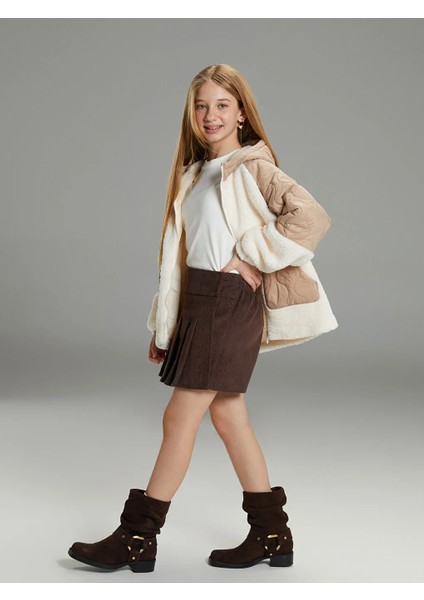 Lcw Kids Kahverengi Beli Lastikli Pileli Kadife Kız Çocuk Şort Etek