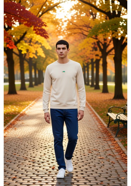 Erkek Bisiklet Yaka Standart Kol Regular Kalıp Hayvan Nakışlı Sweatshirt Fonksiyonel Rahat