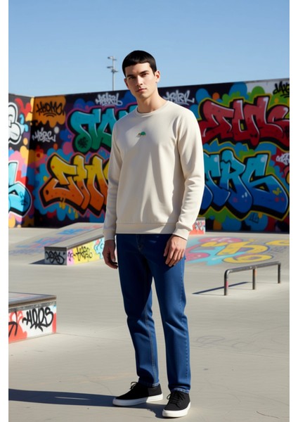 Erkek Bisiklet Yaka Standart Kol Regular Kalıp Hayvan Nakışlı Sweatshirt Fonksiyonel Rahat indirimleri