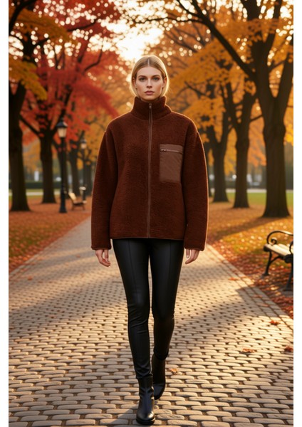 Kadın Dik Yaka Düşük Kol Tam Fermuarlı Peluş Sweatshirt Fonksiyonel Dayanıklı Kaliteli Şık