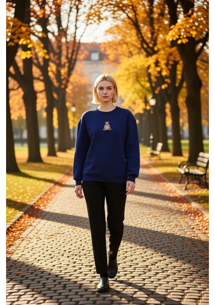 Kadın Bisiklet Yaka Düşük Kol Nakışlı Regular Kalıp Sweatshirt Fonksiyonel Dayanıklı Rahat