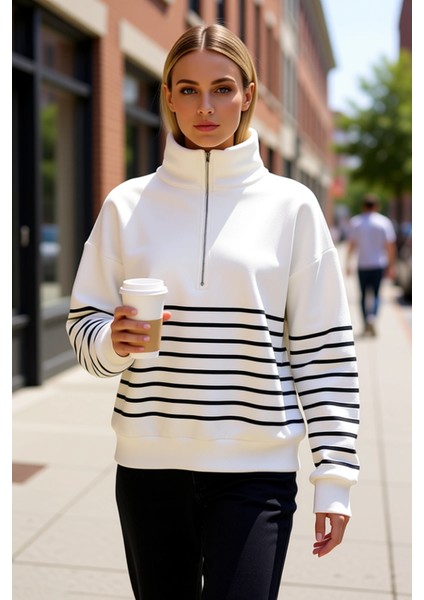 Kadın Dik Yaka Düşük Kol Fermuarlı Çizgili Oversize Kalın Örme Sweatshirt Fonksiyonel Spor fiyatları