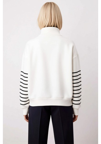 Kadın Dik Yaka Düşük Kol Fermuarlı Çizgili Oversize Kalın Örme Sweatshirt Fonksiyonel Spor fırsatları