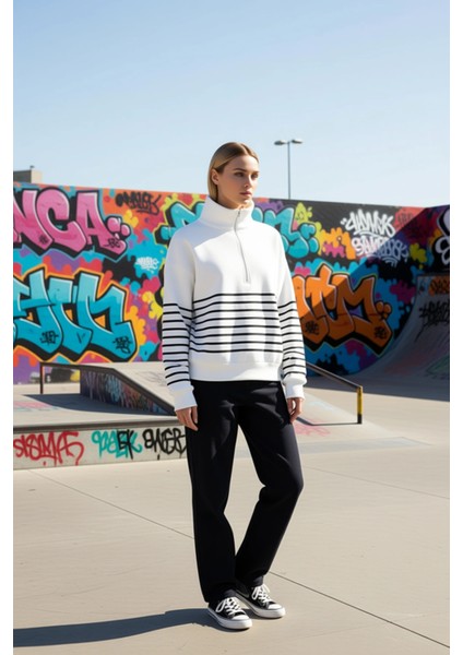 Kadın Dik Yaka Düşük Kol Fermuarlı Çizgili Oversize Kalın Örme Sweatshirt Fonksiyonel Spor indirimleri