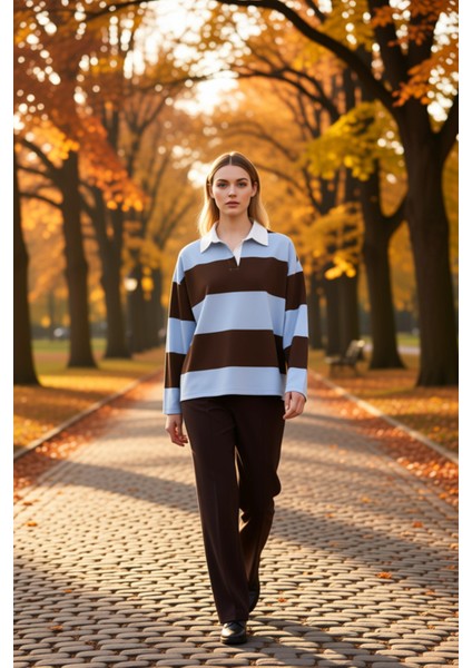 Kadın Polo Yaka Düşük Kol Oversize Çizgili Örme Üst Fonksiyonel Dayanıklı Kaliteli Estetik