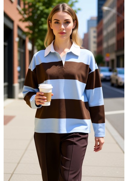 Kadın Polo Yaka Düşük Kol Oversize Çizgili Örme Üst Fonksiyonel Dayanıklı Kaliteli Estetik fiyatları